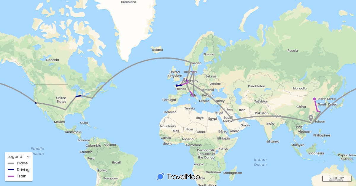 TravelMap itinerary: driving, plane, train in China, Germany, Denmark, France, Italy, Netherlands, Norway, Saudi Arabia, Sweden, United States (Asia, Europe, North America)